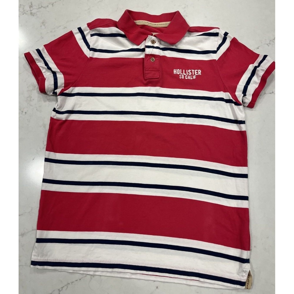 HOLLISTER So Calif Mens Short Sleeve Retro Polo‎ Shirt Hot Pink White Navy Sz XL